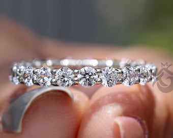 Alliance complète en moissanite ronde de 3 mm, alliance pour femme en or blanc massif 14 carats, jonc en U assorti pour bague de fiançailles, cadeau d&#39;anniversaire