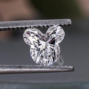 May include: A clear, heart-shaped diamond held in tweezers. The diamond has a unique, Mickey Mouse-like shape.
