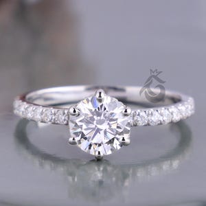 Anello con diamante taglio rotondo da 1,00 ct, anello di fidanzamento a sei punte con alone nascosto, anello di nozze con pavé per donna, anello in oro giallo/bianco/rosa