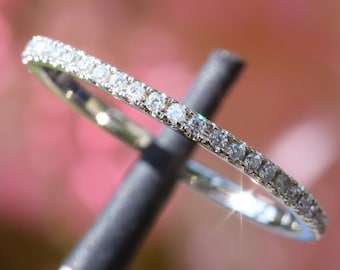 Alliance demi-éternité pour femme, or blanc massif 14 carats, anneau à superposer, jonc empilable, bague d&#39;anniversaire, alliance, anneau de fiançailles