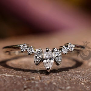 Vintage marquise shape Moissanite diamond wedding band,Art deco 14K white gold matching band,Unique curved wedding ring,Anniversary ring
