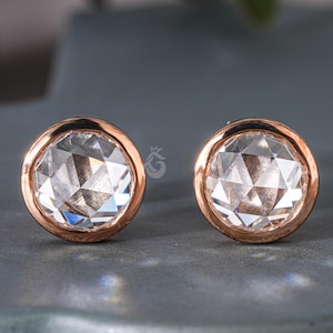 Vintage Style 1.90 TW Round Rose Cut Moissanite Stud Earrings,Bezel Set Screw Back Studs,18k Rose Gold  Earrings for Women,Anniversary Gift