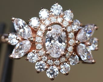 Art deco engagement ring vintage Unique Oval cut Moissanite engagement ring rose gold Diamond Cluster Flower Anniversary flower promise ring