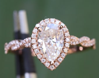 Forever one Moissanite engagement ring Pear shaped Rose gold Halo Unique Vintage ring for women Twisted diamond wedding Bridal Promise gift