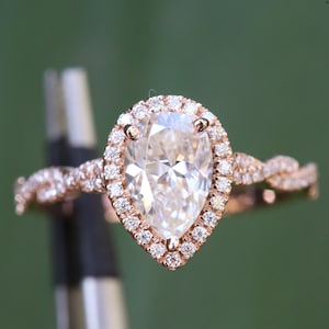 Forever one Moissanite engagement ring Pear shaped Rose gold Halo Unique Vintage ring for women Twisted diamond wedding Bridal Promise gift