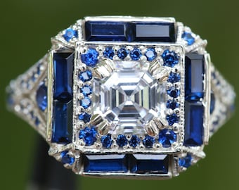 4TCW Asscher Moissanite With blue Sapphire Halo Ring,Asscher Bezel square halo Ring,Vinatge Art Deco Ring,Engagement And Anniversary Ring