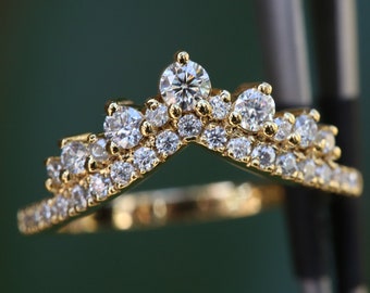 Curved Diamond Wedding Band,Tiara Moissanite Wedding Band, Vintage Chevron unique Band,Unique Contour Band,14K Gold Stacking Matching Band