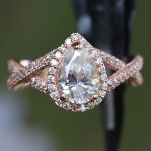 Unique Moissanite engagement ring Pear shaped Rose gold Halo Twisted engagement ring tear drop diamond wedding Bridal Promise gift for women