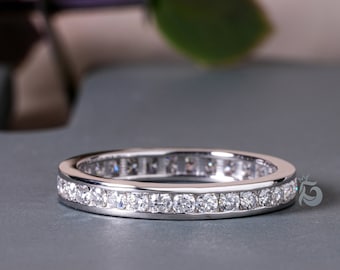 950 Platinum full Eternity 1.90MM Wide Round Cut Colorless Moissanite wedding Stacking Band,14K Channel Set Diamond Matching Band for her
