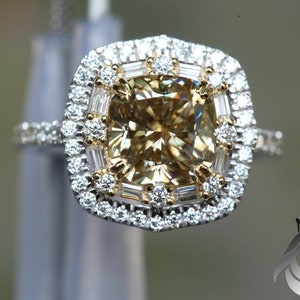 Canary Yellow Cushion Cut Moissanite Engagement Ring,baguette Double Halo Two Tone Wedding Ring,14K White gold,Unique Anniversary Gift Ring