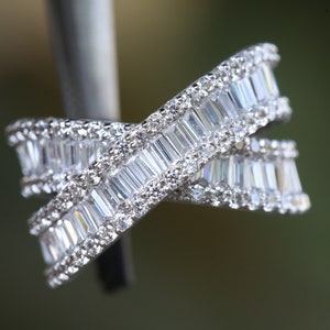 Baguette Moissanite Diamond Ring,14k solid Gold Criss Cross Baguette and Round Brilliant Micro Pave Cocktail Ring,Baguette Crossover Ring