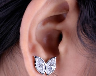 Double Leaf Stud Earrings,3.25 TW Marquise Cut Moissanite Earrings,Screw Back Style Wedding Earrings,Dainty Nature-Inspired Earrings for Her