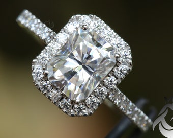 White Gold Radiant Cut Engagement Ring,Forever One Moissanite Engagement Ring,Square Halo Radiant Cut Solitaire Ring,Square Diamond