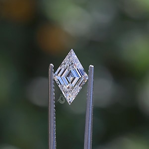 Könnte beinhalten: Ein klarer, farbloser, drachenförmiger Diamant im Brillantschliff mit scharfen geometrischen Facetten, die das Licht reflektieren. Der Edelstein wird sicher zwischen den beiden Metallspitzen einer silberfarbenen Pinzette gehalten.