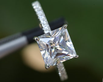 Princess Cut Moissanite Engagement Ring,Cathedral setting Solitaire Wedding Ring,3/4 Eternity Bridal Ring,Vintage Solid white Gold 14k Ring