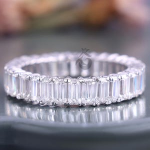 Emerald Cut Moissanite Full Eternity Wedding Band,4x2 MM 14K White Gold Matching Band,Prong Set Stackable Gold Band,Anniversary Gift