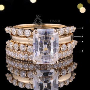 Conjunto de anéis de casamento de diamante de corte radiante 2CT 4PC, conjunto de anéis de noivado de micro pav 14K, conjunto de anéis de noivado de ponta de bolha, anéis de noivado de moissanita