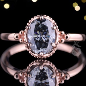 Antique Vintage Style Oval Cut Gray Moissanite Diamond Ring, 14K Rose Gold Milgrain Solitaire Engagement Ring,Bezel Set U Prong Wedding Ring