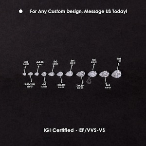 May include: A collection of pear-cut colorless gemstones arranged in a row, ranging from small to large. Each stone is labeled with its dimensions in millimeters and weight in carats. Text reads: For Any Custom Design, Message US Today! IGI Certified - EF/VVS-VS.