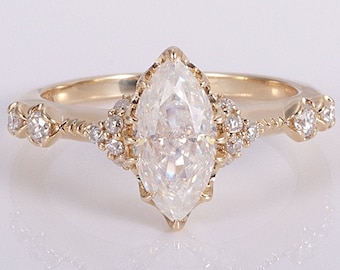 Vintage Marquise Moissanite Verlobungsring, 3 Karat Art-Deco-Starburst-Blumen einzigartiger Art-Deco-Versprechensring, 14k 18k Gold Solitär-Diamantring