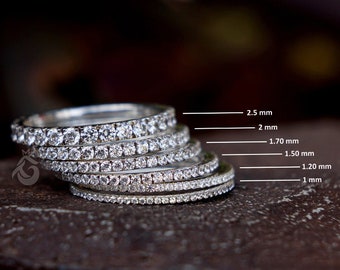 Fede nuziale con diamante micro pavé, anello impilabile Eternity completo da 1 mm a 2,5 mm, fede nuziale con diamante Moissanite, fede nuziale sottile anniversario