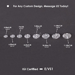 May include: Eight oval-cut diamonds arranged in a row, labeled with dimensions in mm and carat weights ranging from 5.50x3.50mm at 0.29 CT to 11.50x7.50mm at 2.71 CT. Text reads: For Any Custom Design, Message US Today! and IGI Certified - E/VS1.