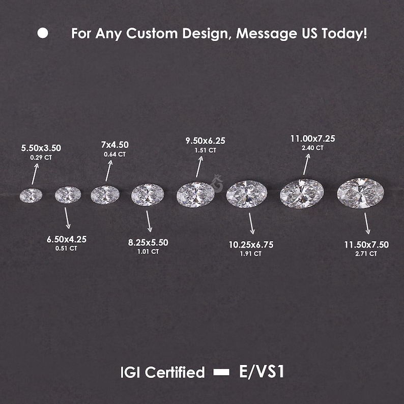May include: Eight oval-cut diamonds arranged in a row, labeled with dimensions in mm and carat weights ranging from 5.50x3.50mm at 0.29 CT to 11.50x7.50mm at 2.71 CT. Text reads: For Any Custom Design, Message US Today! and IGI Certified - E/VS1.
