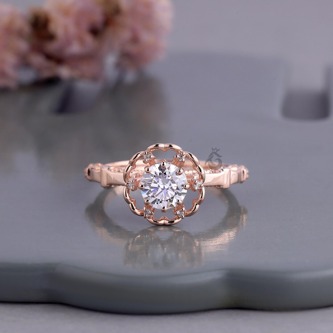 Unique Flower Rings Unique Floral Inspired Engagement Ring,round Cut Lab Grown Diamond Ring ...