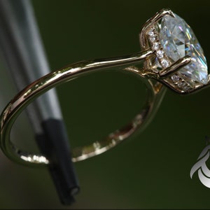 Pu&ograve; includere: Un anello d'oro con una grande pietra ovale trasparente circondata da un alone di pietre pi&ugrave; piccole.