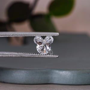 May include: A clear, faceted, heart-shaped diamond with a Mickey Mouse design. The diamond is held in tweezers.