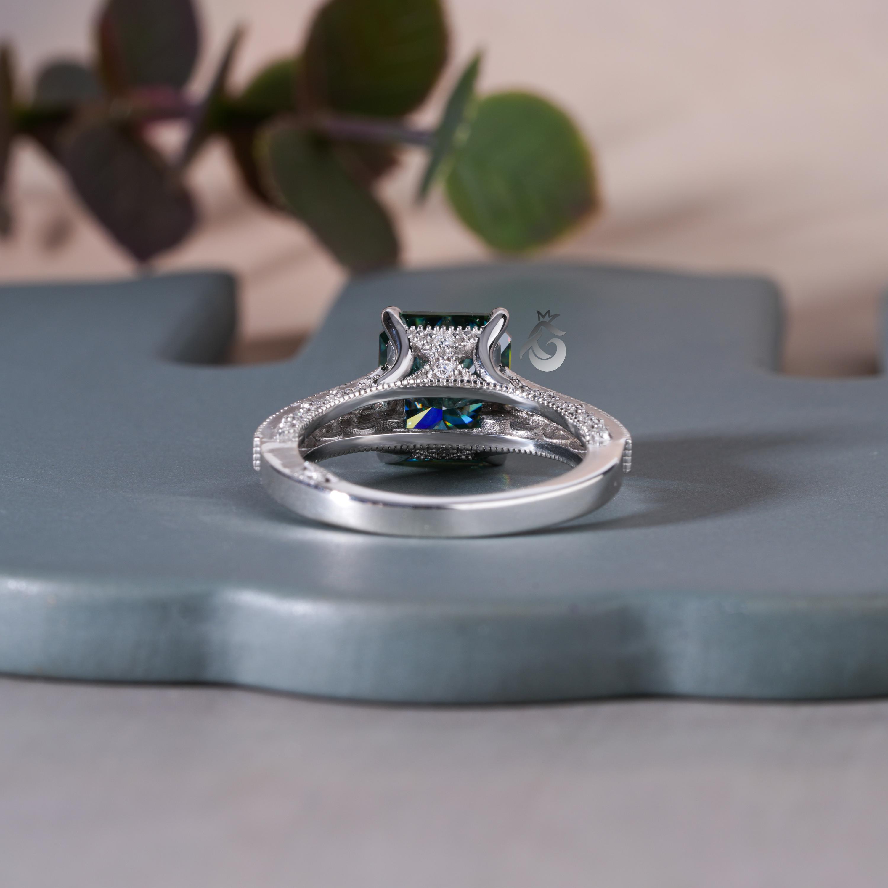 Art Deco 3 Sided Paved Wedding Ring,3.8 CT Radiant Cut Blue Green