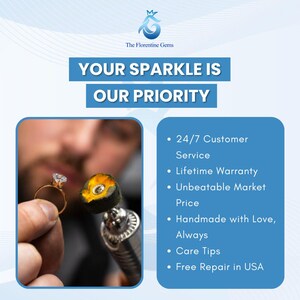 May include: A gold ring with a clear stone being polished by a rotary tool. Text reads: The Florentine Gems, YOUR SPARKLE IS OUR PRIORITY, 24/7 Customer Service, Lifetime Warranty, Unbeatable Market Price, Handmade with Love, Always, Care Tips, Free Repair in USA.