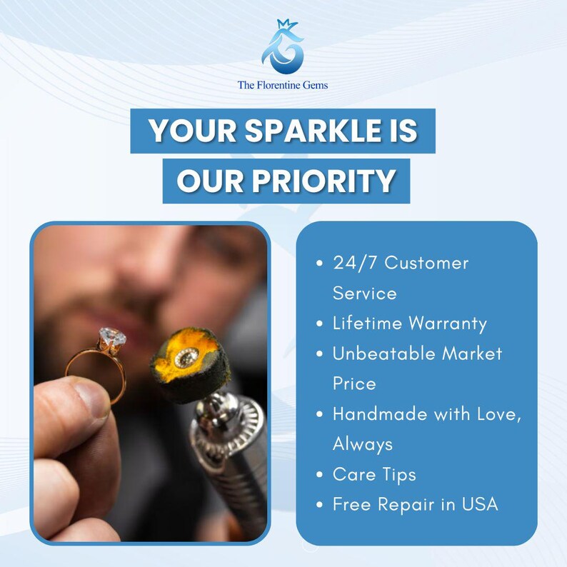 May include: A gold ring with a clear stone being polished by a rotary tool. Text reads: The Florentine Gems, YOUR SPARKLE IS OUR PRIORITY, 24/7 Customer Service, Lifetime Warranty, Unbeatable Market Price, Handmade with Love, Always, Care Tips, Free Repair in USA.