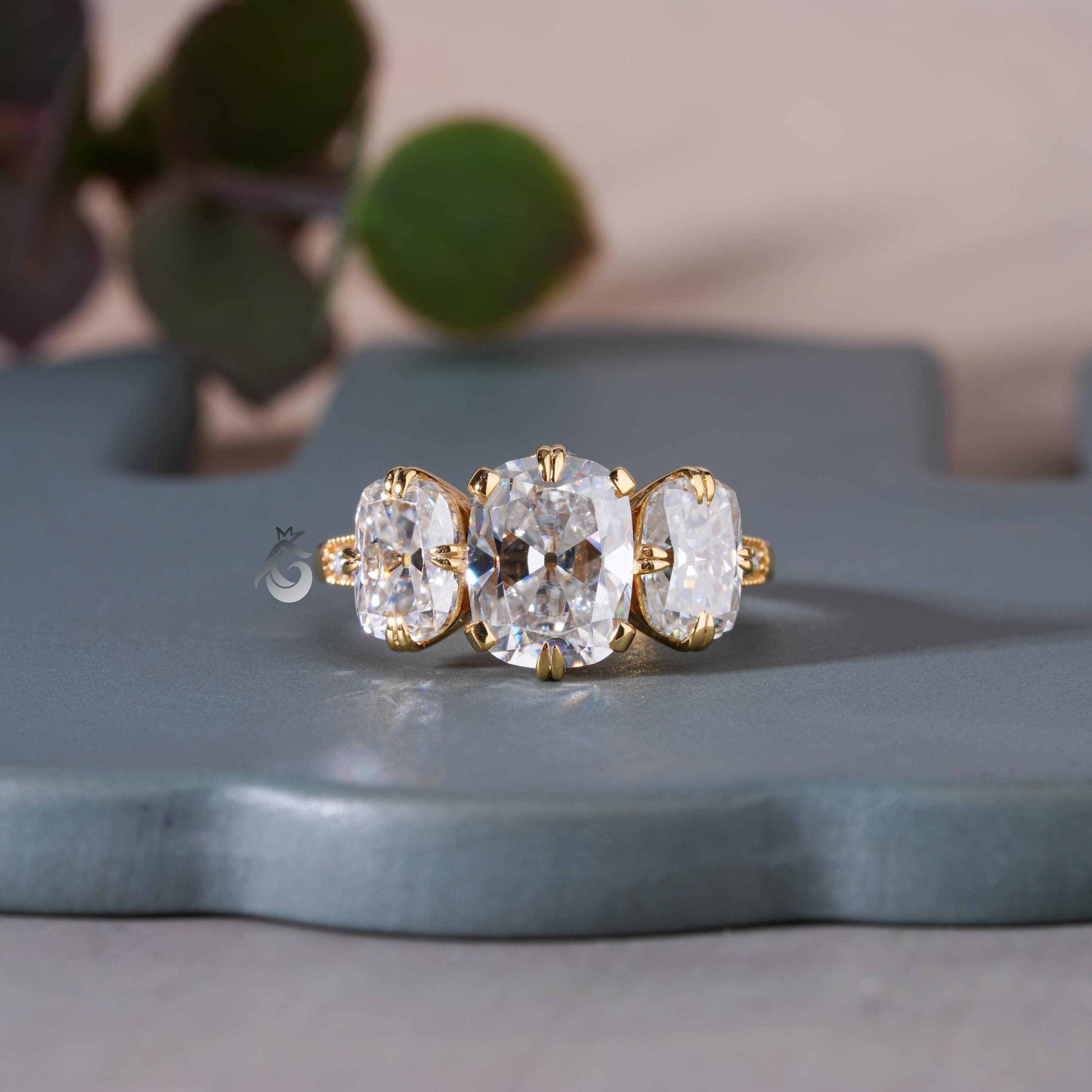 Old Mine Cushion Cut Moissanite Ring With Side Stone,Three Stone Wedding Ring,18K Yellow Gold Promise Ring,Double Claw Prong Setting Ring