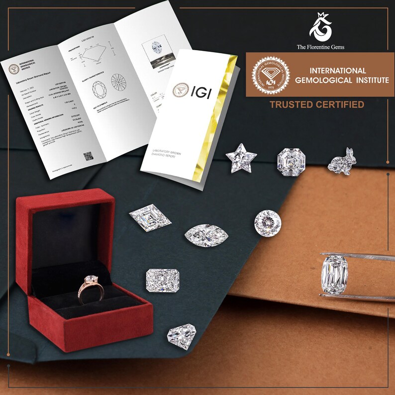 May include: A collection of loose faceted diamonds in various shapes including star, rabbit, round, and geometric cuts, alongside a diamond ring in a red velvet box and an International Gemological Institute laboratory report document.