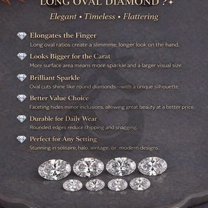 May include: An informational graphic titled Why Choose a Long Oval Diamond? with bullet points detailing benefits like elongating the finger, visual size, sparkle, value, durability, and setting versatility, featuring eight oval-cut diamonds.