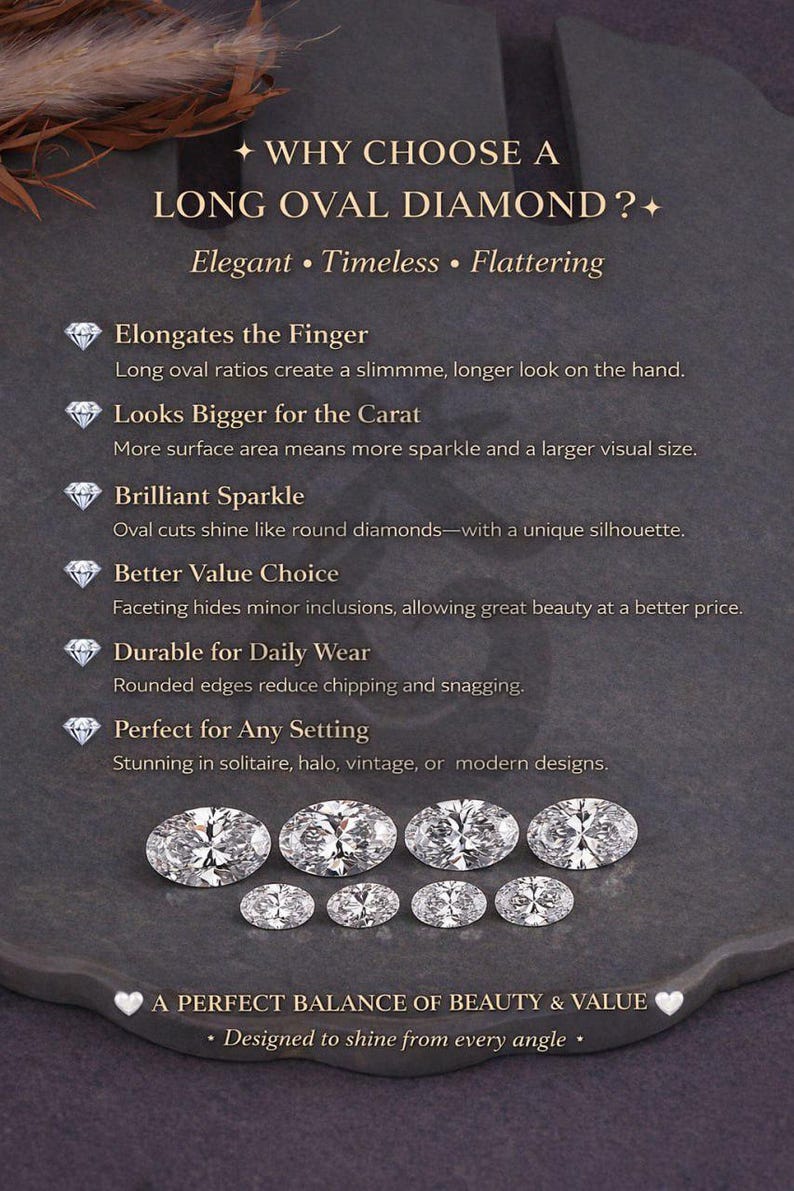 May include: An informational graphic titled Why Choose a Long Oval Diamond? with bullet points detailing benefits like elongating the finger, visual size, sparkle, value, durability, and setting versatility, featuring eight oval-cut diamonds.