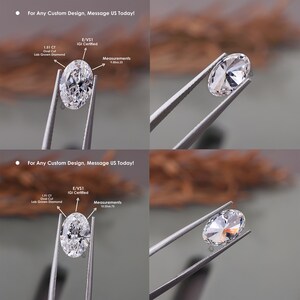 May include: Two oval cut lab grown diamonds held by metal tweezers. The top diamond is 1.51 CT, E/VS1 IGI certified, with 9.50x6.25 measurements. The bottom diamond is 1.91 CT, E/VS1 IGI certified, with 10.25x6.75 measurements. Text reads: For Any Custom Design, Message US Today!