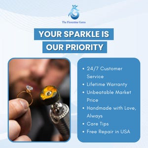May include: A gold ring with a clear stone being polished by a rotary tool. Text reads: The Florentine Gems, YOUR SPARKLE IS OUR PRIORITY, 24/7 Customer Service, Lifetime Warranty, Unbeatable Market Price, Handmade with Love, Always, Care Tips, Free Repair in USA.