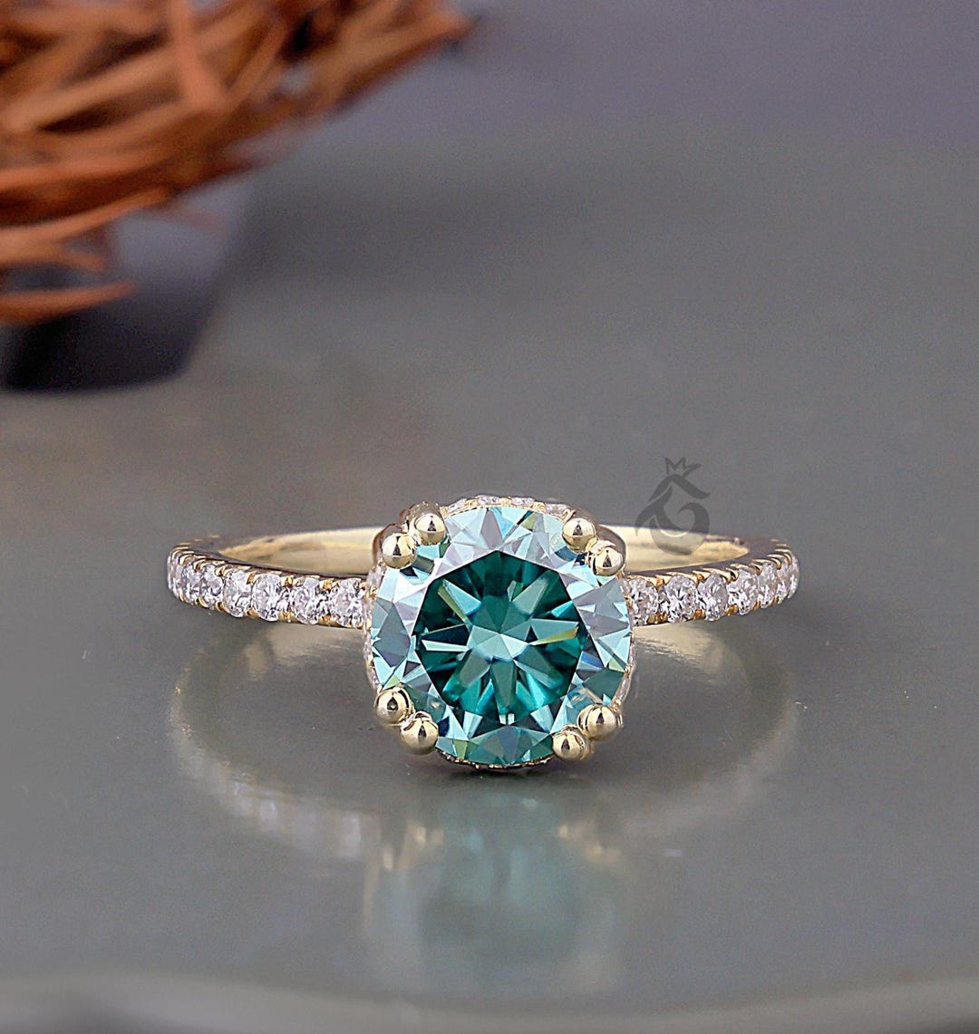 Fancy Circlular R Buy 2CT Round Fancy Greenish Blue Hidden Halo Moissanite Engagement ...