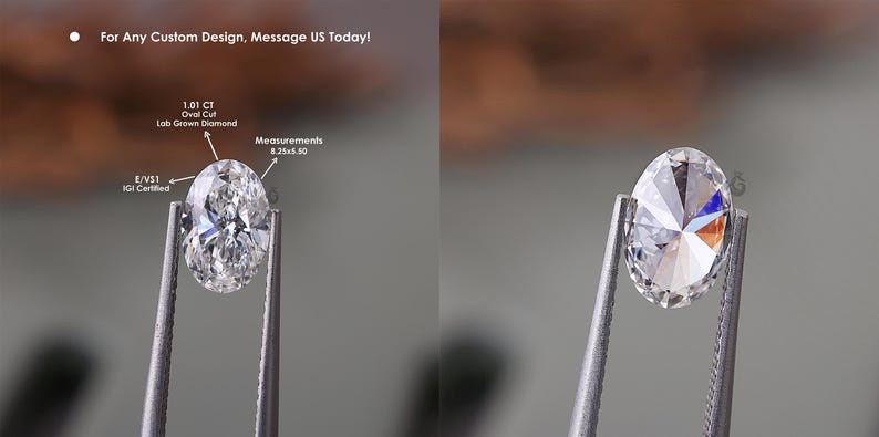 May include: A 1.01 carat oval cut lab grown diamond held by metal tweezers. The diamond is E/VS1 IGI certified with measurements of 8.25x5.50. Text on the image reads: 1.01 CT Oval Cut Lab Grown Diamond, E/VS1 IGI Certified, Measurements 8.25x5.50.