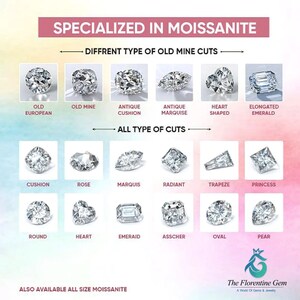 Pu&ograve; includere: Un grafico che mostra diversi tipi di tagli per pietre preziose in moissanite, tra cui Old European, Old Mine, Antique Cushion, Antique Marquise, Heart Shaped, Elongated Emerald, Cushion, Rose, Marquis, Radiant, Trapeze, Princess, Round, Heart, Emerald, Asscher, Oval e Pear. Il grafico include anche il testo "Specializzato in Moissanite" e "The Florentine Gem".