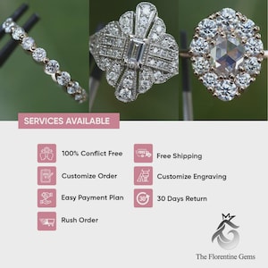 May include: An image showcasing three pieces of jewelry: a delicate diamond eternity band, a vintage-style ring with an emerald-cut center stone, and a halo-style ring. The image also displays the text "SERVICES AVAILABLE".
