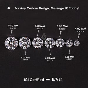 Puede incluir: Una serie de siete diamantes redondos de talla brillante ordenados por tamaño, desde 4,00 mm hasta 9,50 mm, con pesos en quilates de 0,30 CT a 3,01 CT. El texto dice: For Any Custom Design, Message US Today! e IGI Certified - E/VS1.