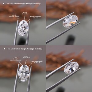 May include: Two oval cut lab grown diamonds held by metal tweezers. The top diamond is 2.71 CT, E/VS1 IGI certified, measuring 11.50x7.50. The bottom diamond is 2.40 CT, E/VS1 IGI certified, measuring 11.00x7.25. Text reads: For Any Custom Design, Message US Today!