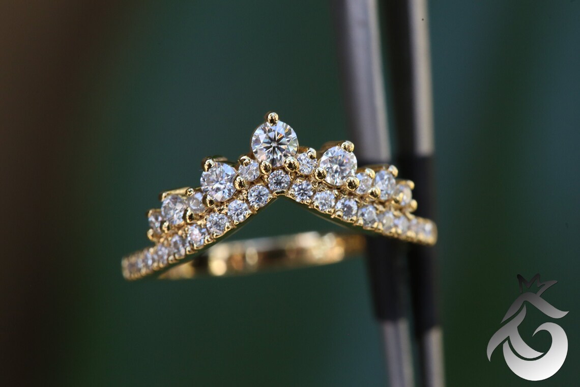 Moissanite tiara Wedding Band vintage V curved bridal Etsy