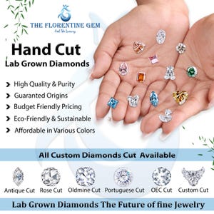 May include: A variety of hand-cut lab-grown diamonds in different shapes and colors, including round, oval, pear, heart, and square. The diamonds are displayed on a white background with the text "Hand Cut Lab Grown Diamonds" and a list of benefits, including high quality, guaranteed origins, budget-friendly pricing, eco-friendly and sustainable practices, and affordability in various colors. The text "All Custom Diamonds Cut Available" is also displayed below the diamonds.