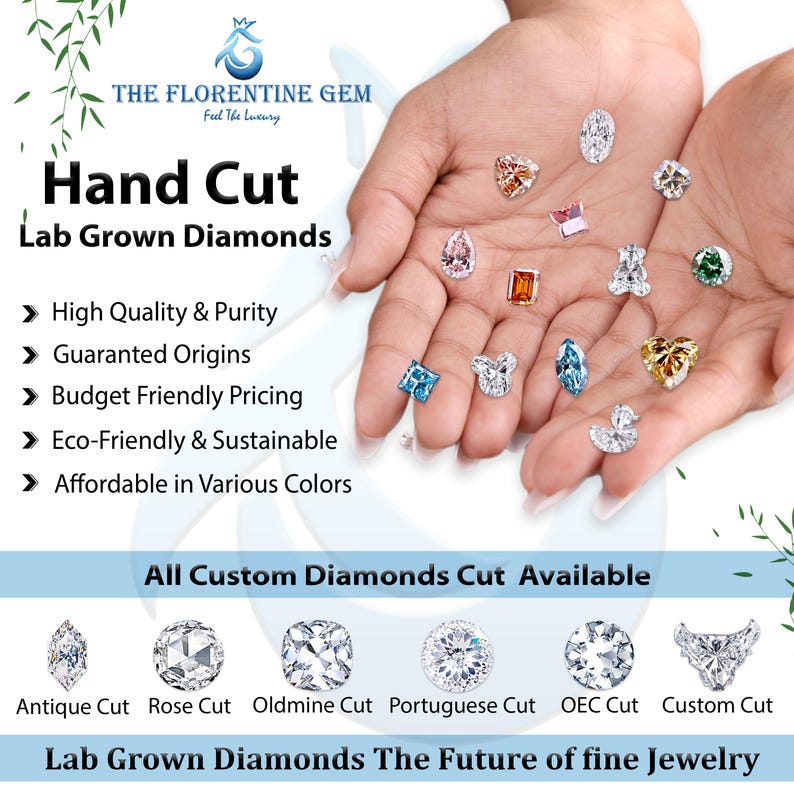 May include: A variety of hand-cut lab-grown diamonds in different shapes and colors, including round, oval, pear, heart, and square. The diamonds are displayed on a white background with the text "Hand Cut Lab Grown Diamonds" and a list of benefits, including high quality, guaranteed origins, budget-friendly pricing, eco-friendly and sustainable practices, and affordability in various colors. The text "All Custom Diamonds Cut Available" is also displayed below the diamonds.