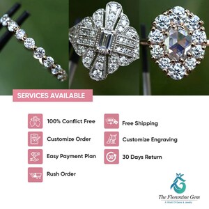 Pu&ograve; includere: Tre anelli di fidanzamento con diamanti in stili diversi. Il primo anello &egrave; una semplice fascia con piccoli diamanti. Il secondo anello ha un grande diamante rettangolare centrale circondato da diamanti pi&ugrave; piccoli. Il terzo anello ha un grande diamante rotondo centrale circondato da diamanti pi&ugrave; piccoli. Il testo "SERVICES AVAILABLE" &egrave; nella parte superiore dell'immagine. Sotto il testo ci sono icone e testo che descrivono i servizi offerti, tra cui diamanti senza conflitti, spedizione gratuita, incisione personalizzata, piani di pagamento facili, resi entro 30 giorni e ordini urgenti. La parte inferiore dell'immagine contiene il testo "The Florentine Gem" e "A World of Gems & Jewelry".