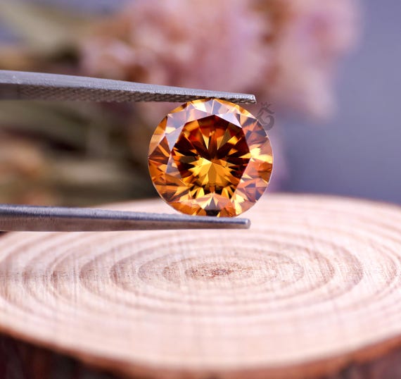 Fancy Deep Orange Round Cut Diamond, VVS Clarity Moissanite